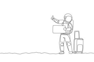 Single continuous line drawing of young astronaut hitchhiker waiting for transport beside the roadway in moon surface. Cosmonaut outer space concept. Trendy one line draw design vector illustration