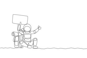 Single continuous line drawing of astronaut hitchhiker holding paper board while waiting for ride in moon surface road. Cosmonaut outer space concept. Trendy one line draw design vector illustration