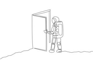 Single continuous line drawing of astronaut entering open door gate into new dimension in moon surface. Cosmonaut outer space concept. Trendy one line draw design vector illustration graphic