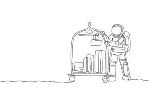 One single line drawing of young room boy astronaut pushing luggage trolley with suitcases and bags vector illustration. Hotel service. Cosmonaut deep space concept. Modern continuous line draw design