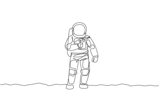One single line drawing of young astronaut holding space laser gun, prepare to war in moon surface vector graphic illustration. Cosmonaut deep space concept. Modern continuous line draw design