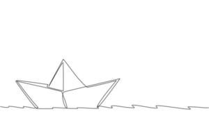 One continuous line drawing of paper boat sailing on the water river. Origami craft concept. Dynamic single line draw design vector graphic illustration