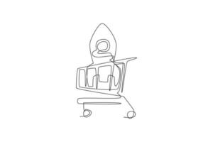 One continuous line drawing of rocket toys inside shopping cart. Sale product concept. Dynamic single line draw design graphic vector illustration