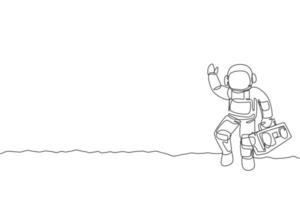 Single continuous line drawing of astronaut walking and holding retro radio with hand on moon surface. Outer space music concert concept. Trendy one line draw graphic design vector illustration