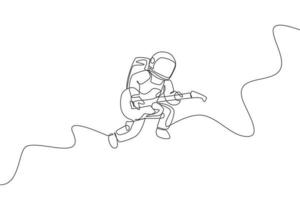 One continuous line drawing of astronaut with spacesuit playing acoustic guitar in galaxy universe. Outer space music concert concept. Dynamic single line draw design vector graphic illustration
