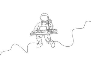 dibujo de una sola línea continua del astronauta teclista tocando un instrumento musical de teclado en la galaxia cósmica. concepto de concierto de música del espacio profundo. Ilustración de vector de diseño gráfico de dibujo de una línea de moda