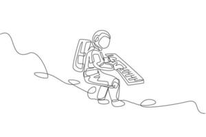 un dibujo de una sola línea de astronauta tocando un instrumento musical de teclado en la ilustración de vector gráfico de espacio profundo. cartel de concierto de música con concepto de astronauta espacial. diseño moderno de dibujo de línea continua