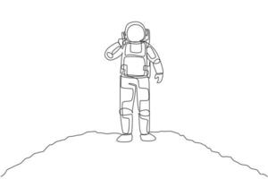 un dibujo de una sola línea del cosmonauta llamando a su compañero usando un teléfono inteligente en la ilustración de vector de superficie lunar. Oficina de negocios de astronauta con concepto de espacio exterior. diseño moderno de dibujo de línea continua