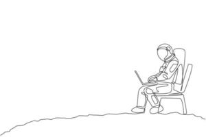 One single line drawing of cosmonaut sitting on chair while typing in moon surface graphic vector illustration. Astronaut business office with outer space concept. Modern continuous line draw design