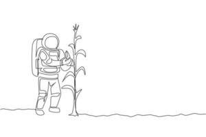 One continuous line drawing of spaceman picking sweet corn from plant in moon surface. Deep space farming astronaut concept. Dynamic single line draw graphic design vector illustration