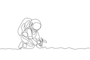 One continuous line drawing of spaceman planting new species tree seed carefully in moon surface. Deep space farming astronaut concept. Dynamic single line draw design vector graphic illustration