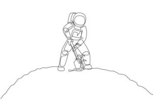 Single continuous line drawing of cosmonaut digging up soil using metal shovel in moon surface. Galaxy astronaut farming life concept. Trendy one line draw design graphic vector illustration