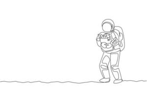 Single continuous line drawing of cosmonaut bring paper bag full of groceries on chest in moon surface. Galaxy astronaut farming life concept. Trendy one line draw graphic design vector illustration