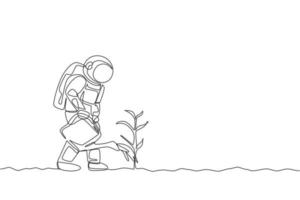 Single continuous line drawing cosmonaut watering plant tree using plastic watering can in moon surface. Galaxy astronaut farming life concept. Trendy one line draw design graphic vector illustration