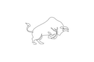 One continuous line drawing of angry Spanish bull. Wild animal national park conservation. Safari zoo concept. Dynamic single line draw design vector graphic illustration