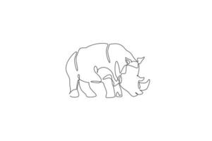 One single line drawing of giant African rhinoceros graphic vector illustration. Protected species national park conservation. Safari zoo concept. Modern continuous line draw design