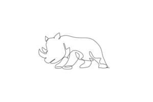 One continuous line drawing of big African rhinoceros. Wild animal national park conservation. Safari zoo concept. Dynamic single line draw design vector graphic illustration