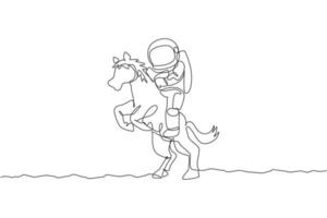 dibujo de una sola línea de astronauta montando a caballo, animal salvaje en la ilustración de vector de superficie lunar. concepto de viaje de safari de cosmonauta. diseño gráfico de dibujo de línea continua moderna