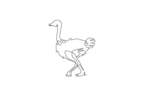 Single continuous line drawing of cute big ostrich bird. Endangered animal national park conservation. Safari zoo concept. Trendy one line draw design graphic vector illustration