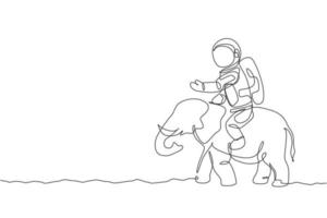 One continuous line drawing of cosmonaut with spacesuit riding Aisan elephant, wild animal in moon surface. Astronaut zoo safari journey concept. Trendy single line draw design vector illustration