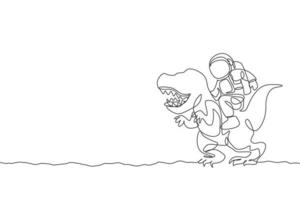 Single continuous line drawing of cosmonaut with spacesuit riding t-rex, wild animal in moon surface. Fantasy astronaut safari journey concept. Trendy one line draw design graphic vector illustration