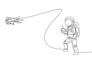 Single continuous line drawing of astronaut playing airplane radio control in moon surface. Having fun in leisure time on outer space concept. Trendy one line draw design vector illustration graphic