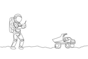 One continuous line drawing of astronaut playing dump truck radio control in moon cosmic galaxy. Outer space hobby and lifestyle concept. Dynamic single line draw design vector illustration graphic