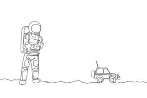Un dibujo de una sola línea de un astronauta tocando el control de radio del coche en la ilustración gráfica de vector de tierra lunar. haciendo hobby mientras que el tiempo libre en el concepto de espacio profundo. diseño moderno de dibujo de línea continua