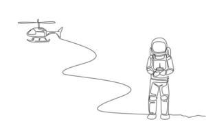 Single continuous line drawing of astronaut playing helicopter radio control in moon surface. Having fun in leisure time on outer space concept. Trendy one line draw design vector graphic illustration
