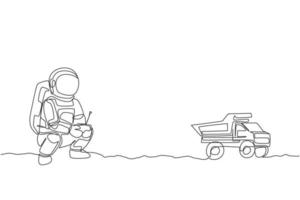 One single line drawing of astronaut playing dump truck radio control in moon land graphic vector illustration. Doing hobby while leisure time in deep space concept. Modern continuous line draw design