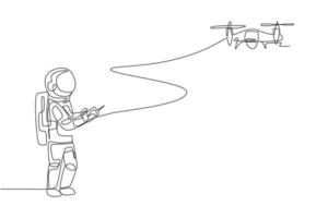 Single continuous line drawing astronaut playing drone plane radio control in moon surface. Having fun in leisure time on outer space concept. Trendy one line graphic draw design vector illustration