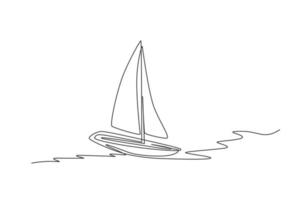 un dibujo de línea continua de un barco de vela navegando por el mar. concepto de vehículo de transporte de agua. Ilustración de vector gráfico de diseño de dibujo de línea única dinámica