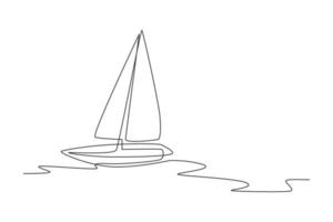 One single line drawing of sail boat sailing on the sea vector illustration. Water transportation vehicle concept. Modern continuous line draw graphic design