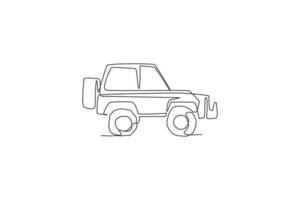 One continuous line drawing of SUV car for offroad track. Transportation vehicle concept. Dynamic single line draw graphic design vector illustration