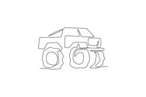 Single continuous line drawing of big monster truck in competition. Contest ride vehicle concept. Trendy one line draw graphic design vector illustration