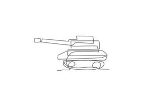 Single continuous line drawing of metal war tank with cannon gun, side view. Transportation vehicle concept. Trendy one line draw graphic design vector illustration