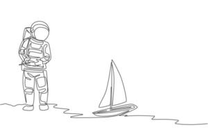 One single line drawing of astronaut playing sailboat radio control in moon land vector graphic illustration. Doing hobby while leisure time in deep space concept. Modern continuous line draw design