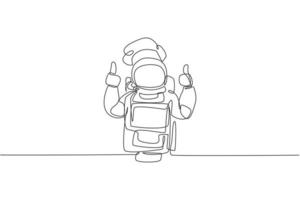 One continuous line drawing of young astronaut chef giving thumbs up gesture for delicious food. Healthy cuisine food menu on restaurant concept. Dynamic single line draw design vector illustration