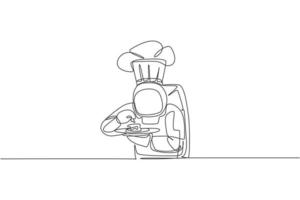 Single continuous line drawing of astronaut tasting delicious food before serving to customer in outer space cafe. Healthy restaurant cuisine concept. Trendy one line draw design vector illustration