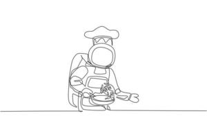 One single line drawing of young astronaut chef cooking healthy cuisine food for cafe resto using fry pan vector illustration. Delicious space galaxy dish concept. Modern continuous line draw design