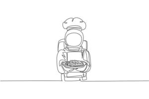 One single line drawing of young astronaut chef serving healthy steak cuisine food for cafe resto graphic vector illustration. Delicious space galaxy dish concept. Modern continuous line draw design