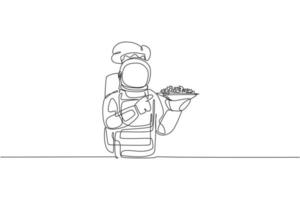 One single line drawing of young astronaut chef serving healthy salad cuisine food for cafe resto vector graphic illustration. Delicious space galaxy dish concept. Modern continuous line draw design