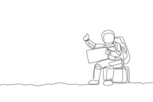 One single line drawing of astronaut hitchhiker siting on luggage while waiting for the ride in moon surface road vector illustration. Cosmonaut deep space concept. Modern continuous line draw design