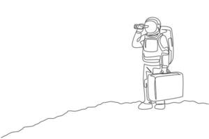 Single continuous line drawing of young astronaut holding suitcase and looking with binocular in moon surface. Space man cosmic galaxy concept. Trendy one line draw design graphic vector illustration