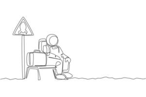 One single line drawing of young happy astronaut siting in rocket stop chair beside rocket sign board graphic vector illustration. Cosmonaut outer space concept. Modern continuous line draw design