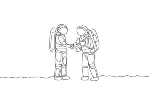 One single line drawing of two young happy astronauts giving handshake to deal project in moon surface vector graphic illustration. Cosmonaut outer space concept. Modern continuous line draw design