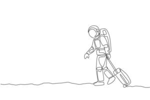 Single continuous line drawing young astronaut pulling suitcase while walking out from airport in moon surface. Space man cosmic galaxy concept. Trendy one line draw design graphic vector illustration