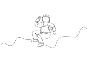 One continuous line drawing of cosmonaut eating spicy Mexican taco in galactic universe. Fantasy outer space astronaut life concept. Dynamic single line draw design vector illustration graphic