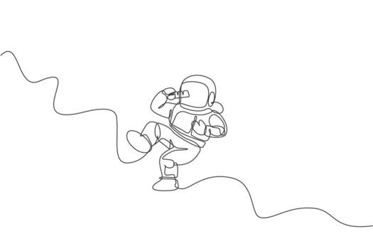 One continuous line drawing of cosmonaut eating sweet milk chocolate bar in galactic universe. Fantasy outer space astronaut life concept. Dynamic single line draw graphic design vector illustration