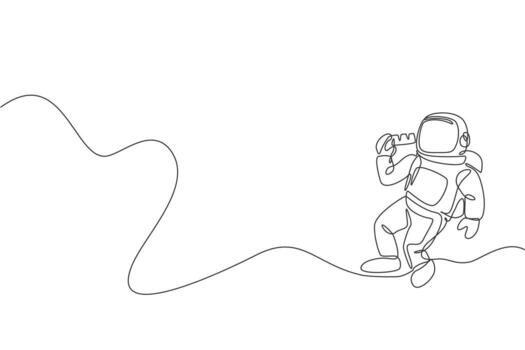 One single line drawing of astronaut flying in cosmos galaxy while eating sweet milk chocolate bar graphic vector illustration. Fantasy outer space life concept. Modern continuous line draw design